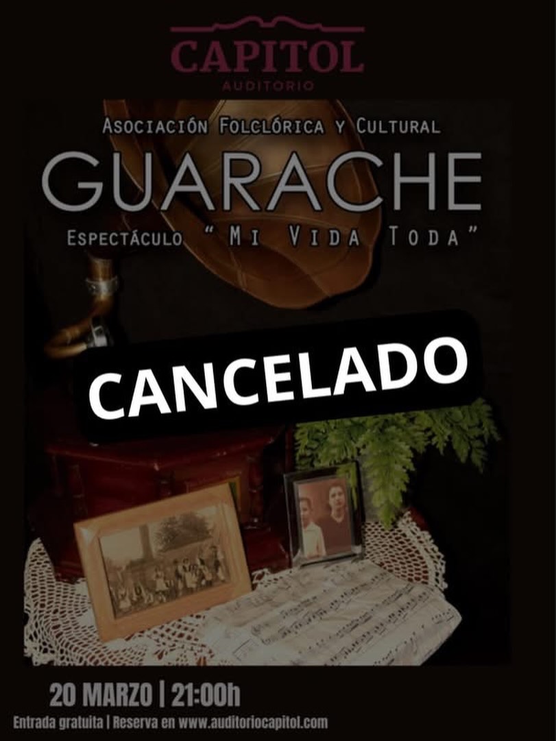 Pues si… nos vemos obligados, dadas las recomendaciones de las autoridades pertinentes, a cancelar nuestro espectáculo “Mi vida Toda” previsto para mañana viernes en el Capitol.

Agradecemos enormemente el interés y esperamos poder anunciar pronto nueva fecha . Aunque sea dentro de uno meses, que ahora llega mayo y como se suele decir, agárrense que vienen curvas…

Les dejamos un adelanto de lo que se nos viene…

18.04 - Almuerzo Baile Guarache 2026 - Rest. Los Junquitos
22.05 - XXII Baile de Taifas Guarache La Caridad 
07.06 - Elaboración Alfombras Corpus Tacoronte
20.06 - Baile de Magos de San Isidro Labrador Tacoronte 
28.06 - Misa Canaria Santa Catalina - San Isidro Tacoronte
28.06 - Romería de San Isidro Labrador Tacoronte 
11.07 - XXVI Festival Nacional Guarache (Grupo Folclórico Abitureiras - Portugal) 
…. Y lo que falta 🥰🎶🇮🇨

#tradición #folklore #Tacoronte #cultura