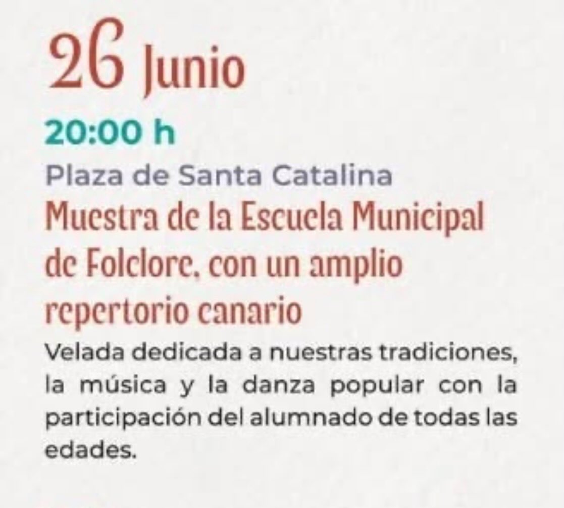 Esta tarde a las 20:00 en la Plaza de Santa Catalina no se pierdan Muestra de la Escuela Municipal de Folclore, con la participación de nuestros Talleres de Bailes Tradicionales (Infantil y Adulto)

#Tradición #Folclore #Guarache #Canarias #unidosporelfolclore Cultura Tacoronte