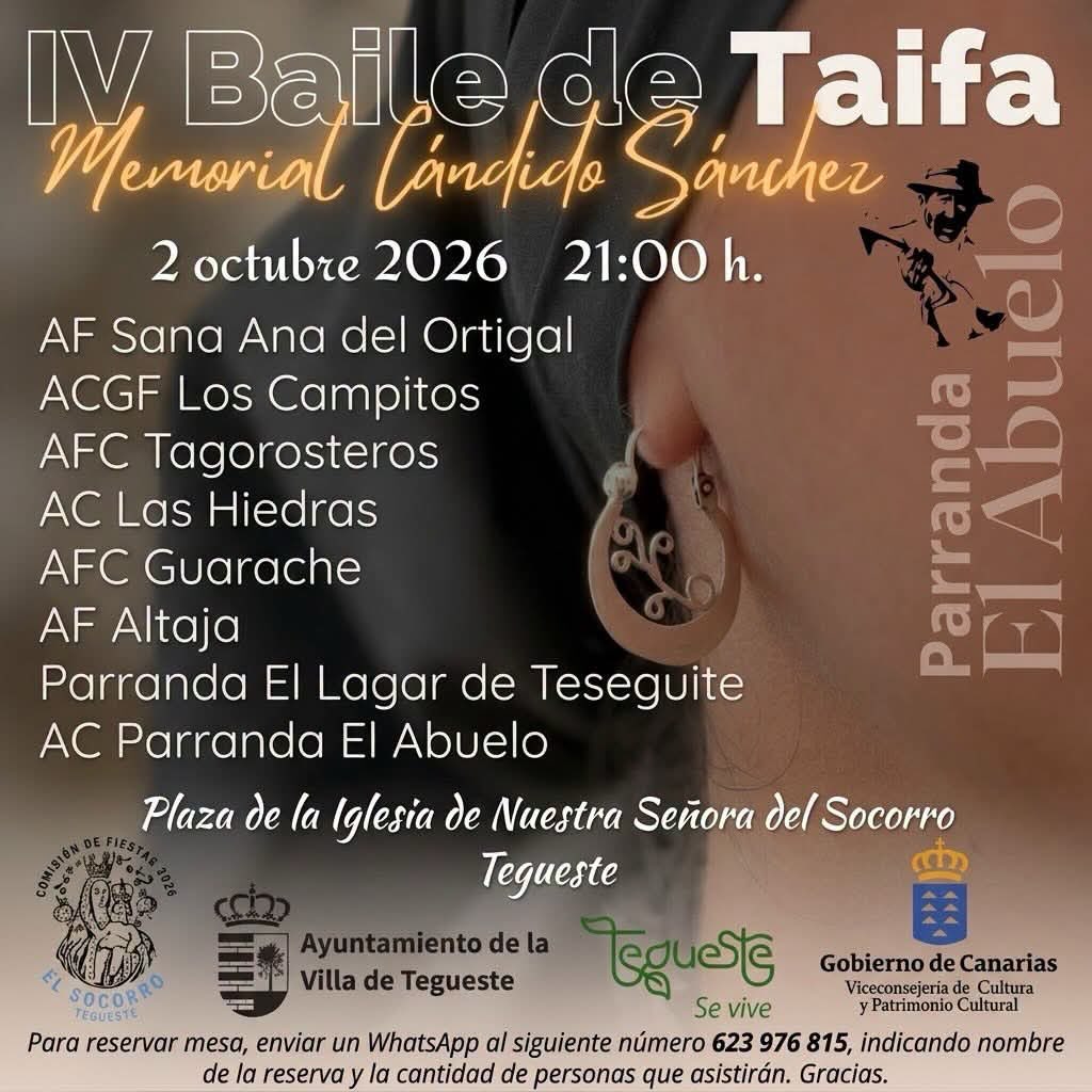 El viernes 2 de octubre acompañaremos a un montón de amigos en el IV Baile de Taifas Parranda El Abuelo - El Socorro - Tegueste … ven a pasar con nosotros un buen rato compartiendo lo que nos gusta 🇮🇨🎶🥰

 #Tradición #Folclore #Guarache #unidosporelfolclore