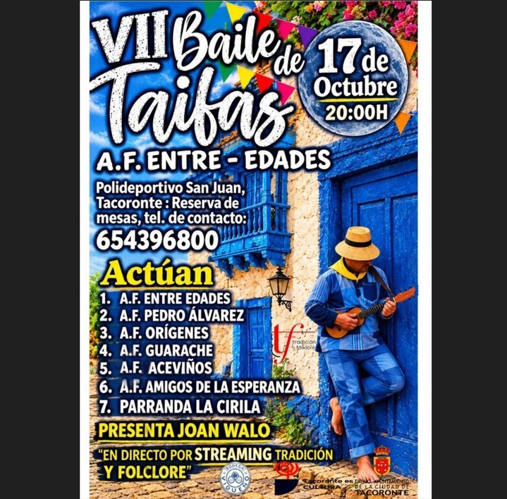 El sábado 17 de octubre acompañaremos a un montón de amigos en el VII Baile de Taifas A.F. Entre-Edades en el Polideportivo de San Juan - Tacoronte … ven a pasar con nosotros un buen rato compartiendo lo que nos gusta 🇮🇨🎶🥰 

#Tradición #Folclore #Guarache #unidosporelfolclore