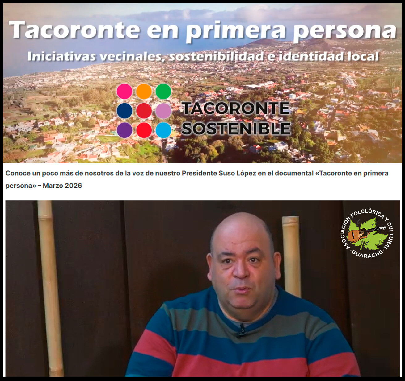 Hoy queremos compartirles la entrevista a nuestro Presidente Suso López en el documental "Tacoronte en primera persona" y que conozcan un poco más de nosotros...

⏯️ https://youtu.be/E7yT_OzJneY?si=1kU-Iob3Yu91sIqx&t=2275

#Tradición #Folclore #Guarache #Canarias #unidosporelfolclore #Tacoronte