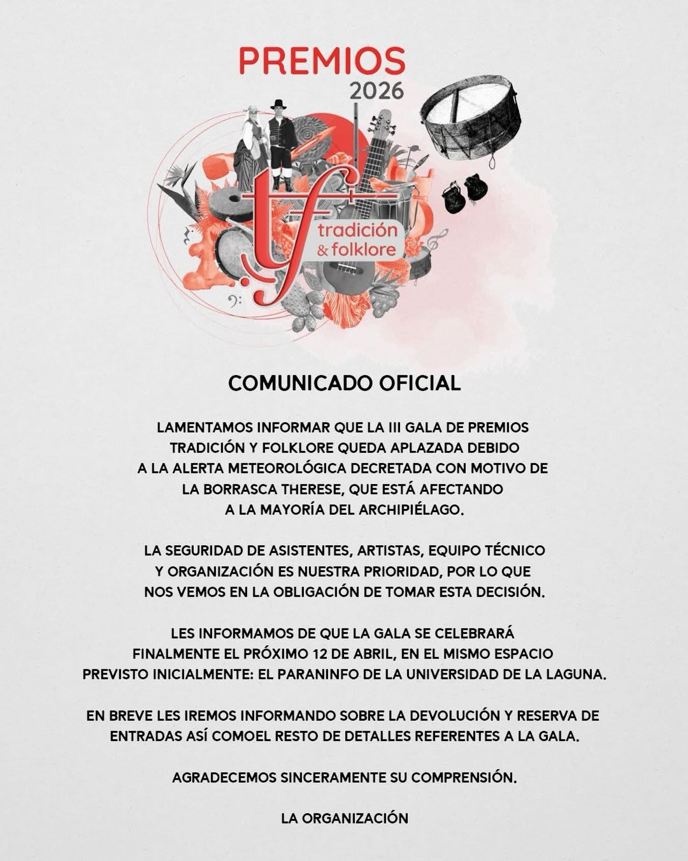 Premios Tradición & Folklore 2026 | Aplazado ⚠️🌧️

El evento previsto para el 21 de marzo queda aplazado al 12 de abril debido a la situación actual de alerta por factores meteorológicos.