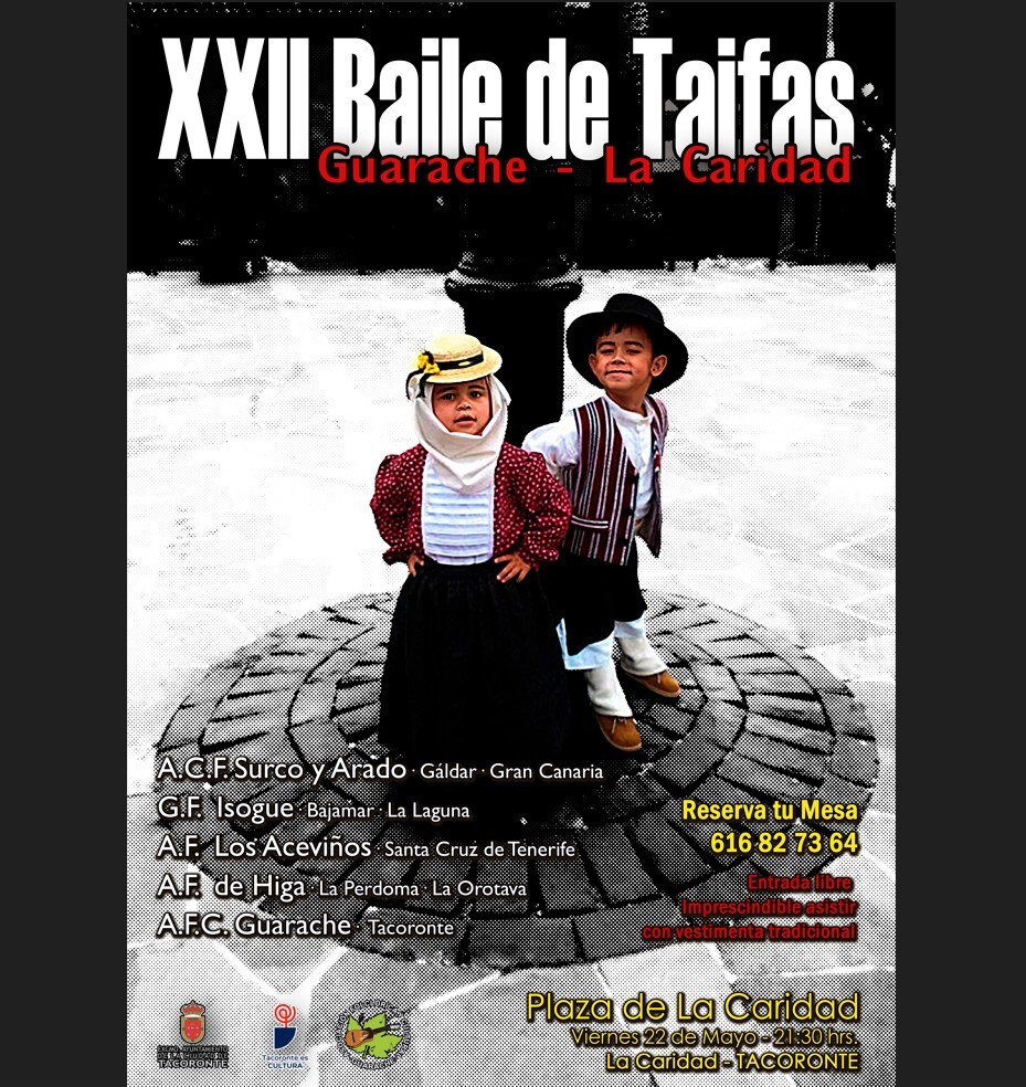 Estamos preparando un pedazo Baile de Taifas... 🎶🎶 estaremos acompañados de un montón de amigos...

➡  A.C.F. Surco y Arado - Gáldar - Gran Canaria
➡  G.F. Isogue - Bajamar - La Laguna
➡  A.F. Los Aceviños - Santa Cruz de Tenerife
➡  A.F. de Higa - La Perdoma- La Orotava 
➡  A.F.C. Guarache - Tacoronte

Así que apunta la fecha 22 de Mayo de las 21:30 nos vemos en nuestro XXII Baile de Taifas Guarache - La Caridad 🇮🇨🎶🎶

Este proyecto ha sido financiado con una subvención del Área de Cultura del Excmo. Ayuntamiento de la Ciudad de Tacoronte, que dirige la alcaldesa María Sandra Izquierdo Fernández ✨

#Cultura #ApoyoCultural #Tacoronte #Tradición #Folclore #Guarache #Canarias #unidosporelfolclore