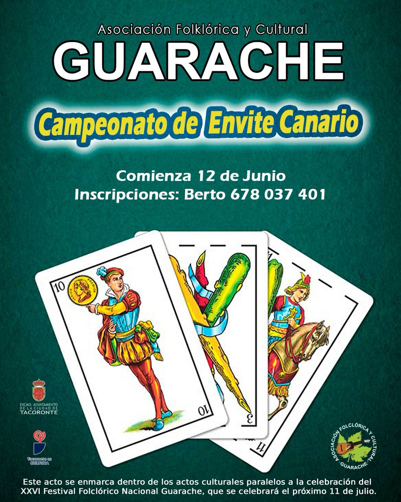 Vuelve nuestro tradicional “Campeonato de Envite Canario”…. Inscripciones abiertas…

Recuperando nuestras Tradiciones ! 

#Tradición #Folclore #Guarache #Canarias #unidosporelfolclore Cultura Tacoronte

Este acto se enmarca dentro de los actos culturales paralelos a la celebración del XXVI Festival Folclórico Nacional Guarache, que se celebrará el próximo 11 de julio. Seguiremos informando ☺️

Este proyecto ha sido financiado con una subvención del Área de Cultura del Excmo. Ayuntamiento de la Ciudad de Tacoronte, que dirige la alcaldesa María Sandra Izquierdo Fernández ✨