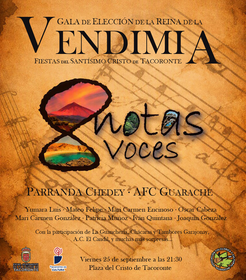 ➡️ Gala de la Elección de la Reina de la VENDIMIA de las Fiestas del Santísimo Cristo de  Los Dolores de Tacoronte -  Espectáculo "8 NOTAS, 8 VOCES"

Acompáñanos este viernes 25 en la Plaza del Cristo de Tacoronte, en una noche donde la Vendimia y nuestra cultura canaria serán la protagonista...

Este proyecto no sería posible sin la confianza depositada en esta Asociación Folklórica y Cultural por del Área de Cultura del Excmo. Ayuntamiento de la Ciudad de Tacoronte, que dirige la alcaldesa María Sandra Izquierdo Fernández ✨ 

#Tacoronte #Tradición #Folclore #Guarache #unidosporelfolclore #TacoronteEsCultura