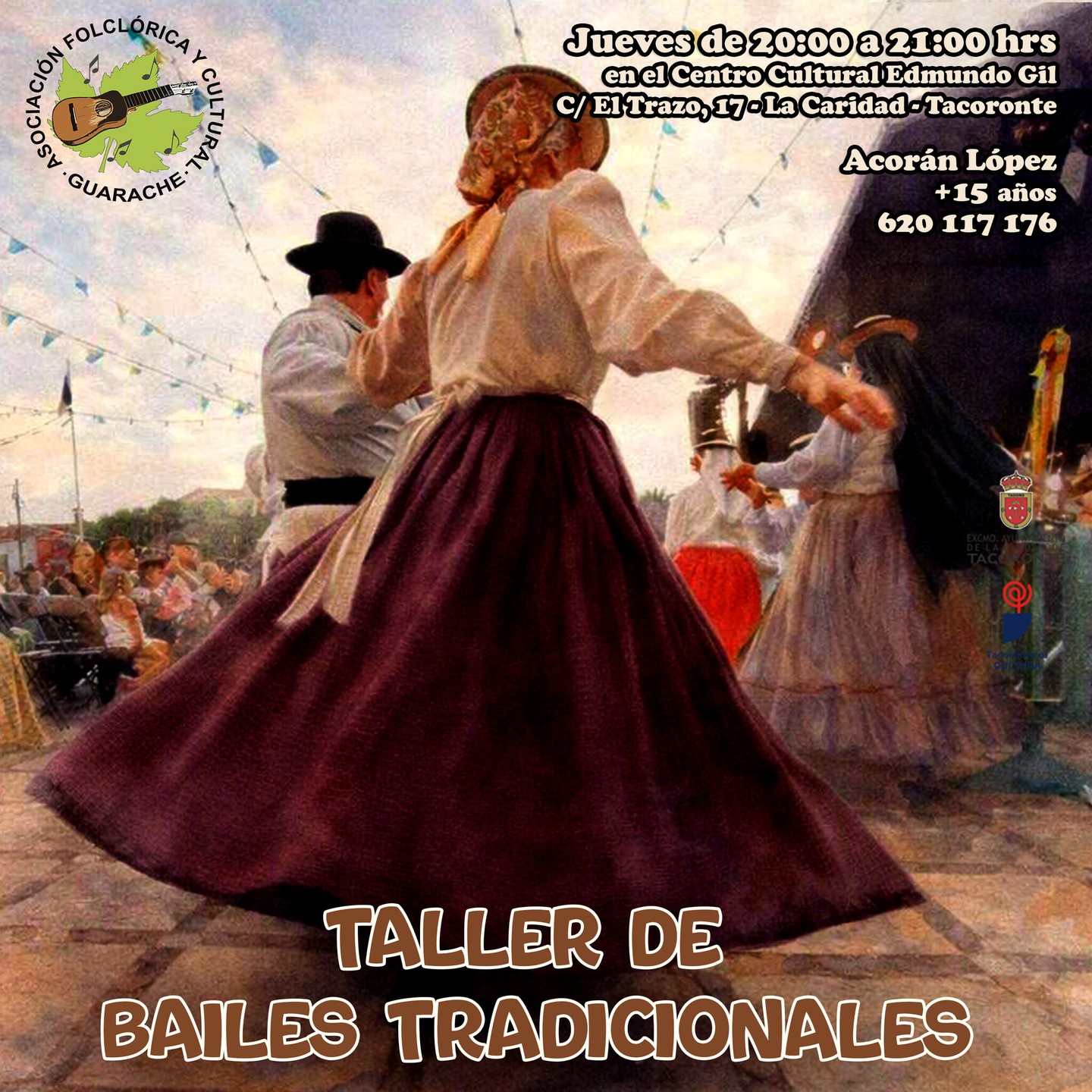 Recuerden... retomamos nuestros Talleres de Baile Tradicional.

No te lo pienses mucho... recuerda las plazas son limitadas.

Para más información contacta con nuestros monitores:
·  Acorán López (Edad: 15 en adelante).

¡Les esperamos!

#Tradición #Folclore #Guarache #unidosporelfolclore 

Este proyecto no sería posible sin la confianza depositada en esta Asociación Folklórica y Cultural por del Área de Cultura del Excmo. Ayuntamiento de la Ciudad de Tacoronte, que dirige la alcaldesa María Sandra Izquierdo Fernández ✨