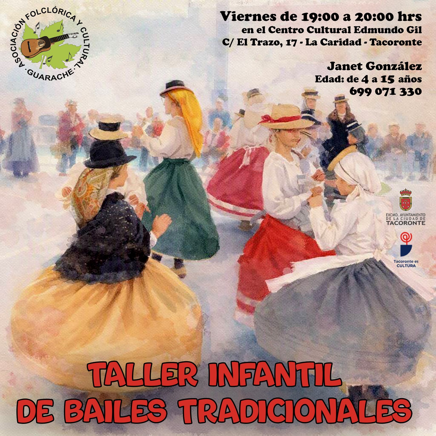 Recuerden... retomamos nuestros Talleres de Baile Tradicional.

No te lo pienses mucho... recuerda las plazas son limitadas.

Para más información contacta con nuestros monitores:
·  Janet González (Edad 4 a 15 años) 

¡Les esperamos!

#Tradición #Folclore #Guarache #unidosporelfolclore 

Este proyecto no sería posible sin la confianza depositada en esta Asociación Folklórica y Cultural por del Área de Cultura del Excmo. Ayuntamiento de la Ciudad de Tacoronte, que dirige la alcaldesa María Sandra Izquierdo Fernández ✨