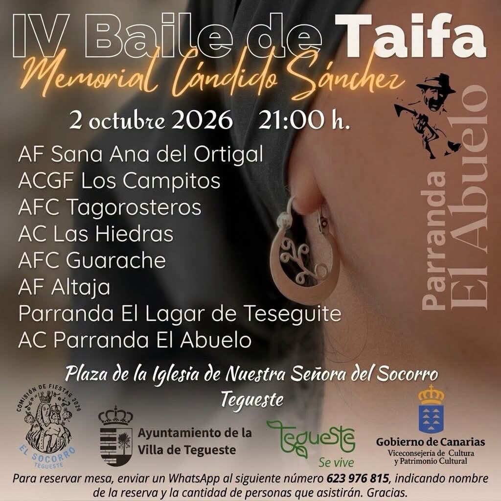 Este viernes 2 de octubre acompañaremos a un montón de amigos en el IV Baile de Taifas Parranda El Abuelo - El Socorro - Tegueste … ven a pasar con nosotros un buen rato compartiendo lo que nos gusta 🇮🇨🎶🥰

#Tradición #Folclore #Guarache #unidosporelfolclore